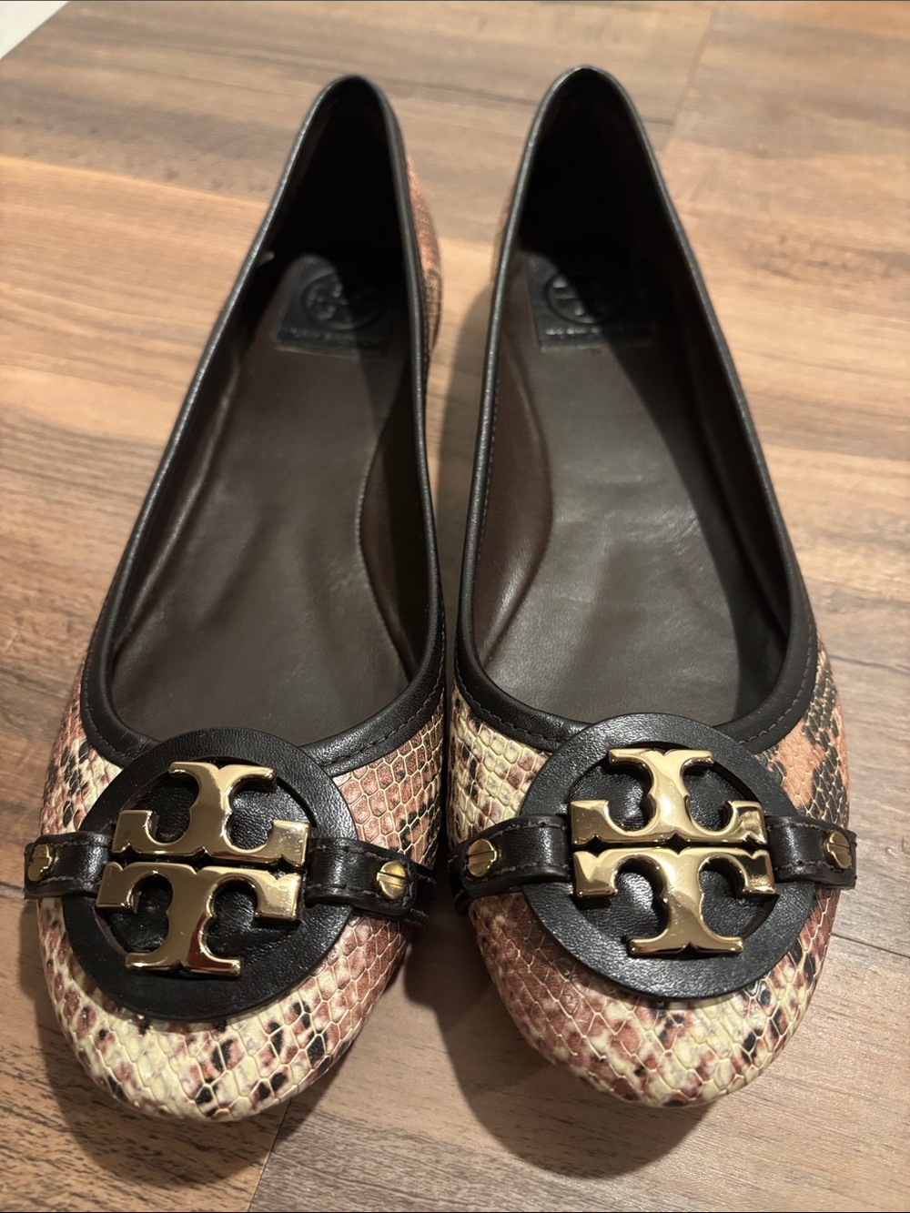 Tory Burch Blush Snake-Print Reva Flats with Gold Logo